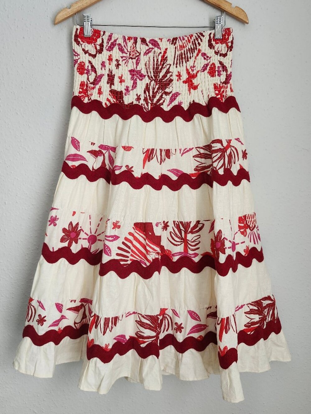 CAROLINE CONSTAS NWT Smocked Tiered Tropical Floral Linen Blend Midi Skirt S